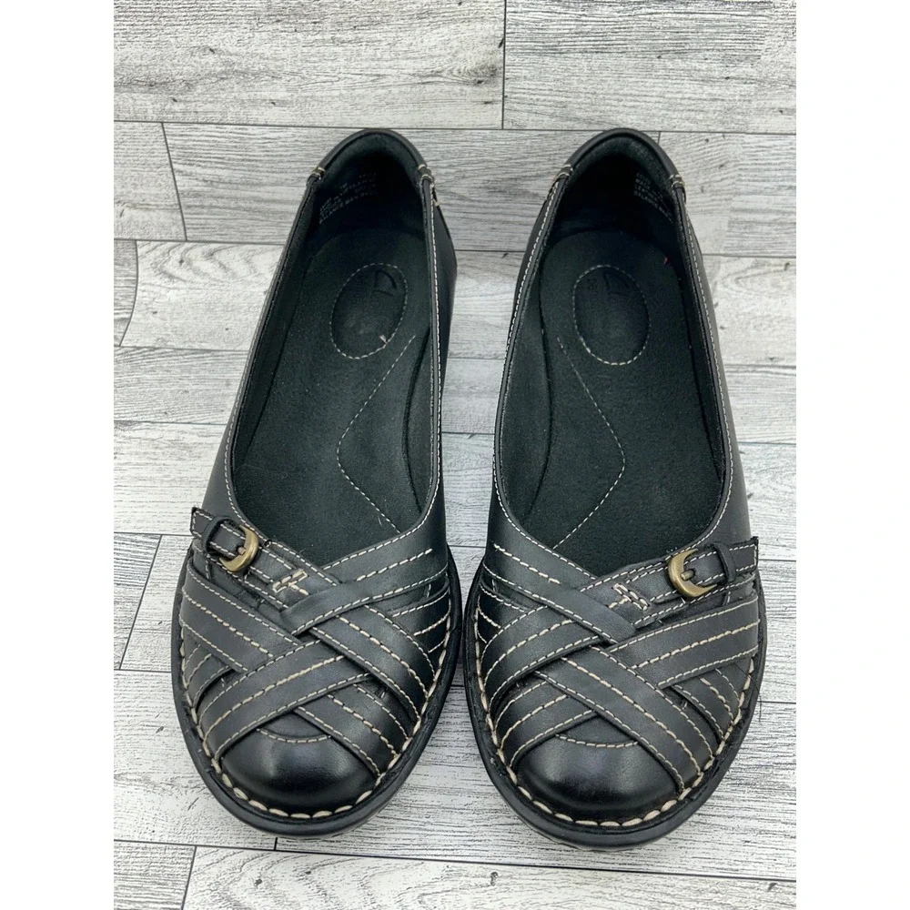 Clarks Bendables Black Leather Woven Buckle Loafers Shoes‎ 65085 Women 7M